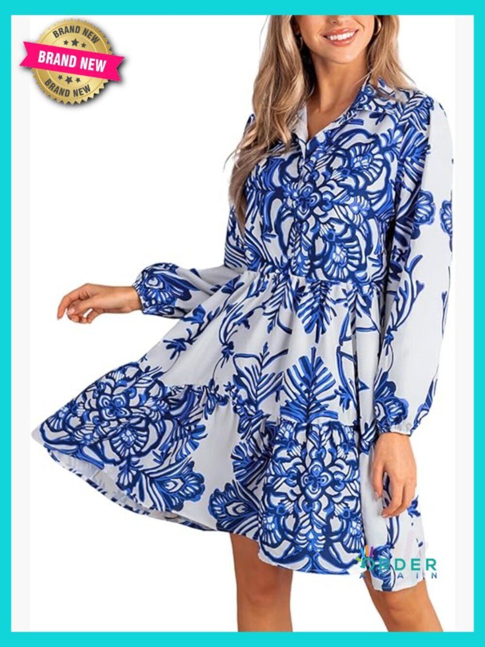 Fall Dress Long Sleeve V Neck Button Floral Tunic Ruffled Flow